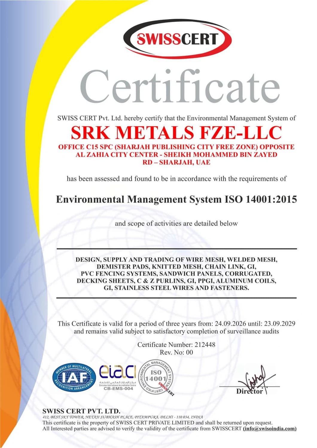 ISO 14001:2015 Environmental Management System certificate issued to SRK METALS FZE-LLC