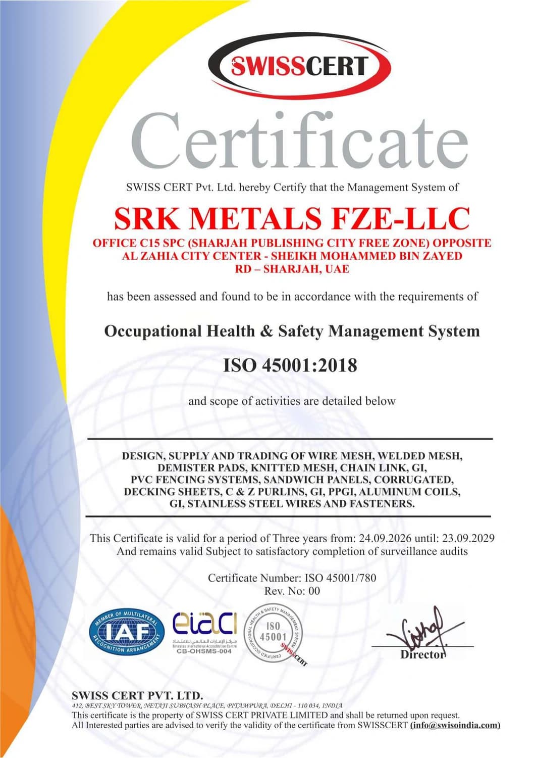 ISO 45001:2018 Occupational Health & Safety Management System certificate issued to SRK METALS FZE-LLC