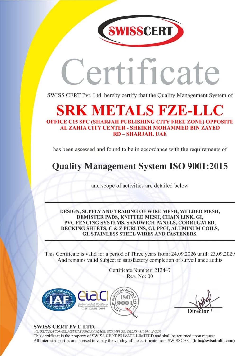 ISO 9001:2015 Quality Management System certificate issued to SRK METALS FZE-LLC