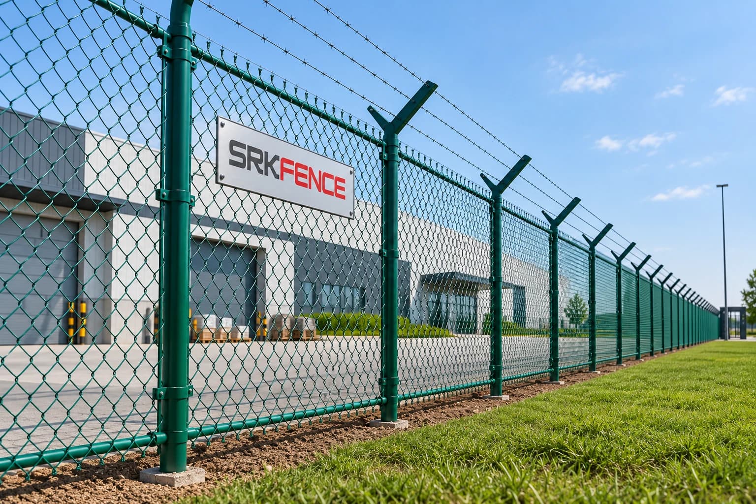 PVC coated chain link fence with green posts and security topping