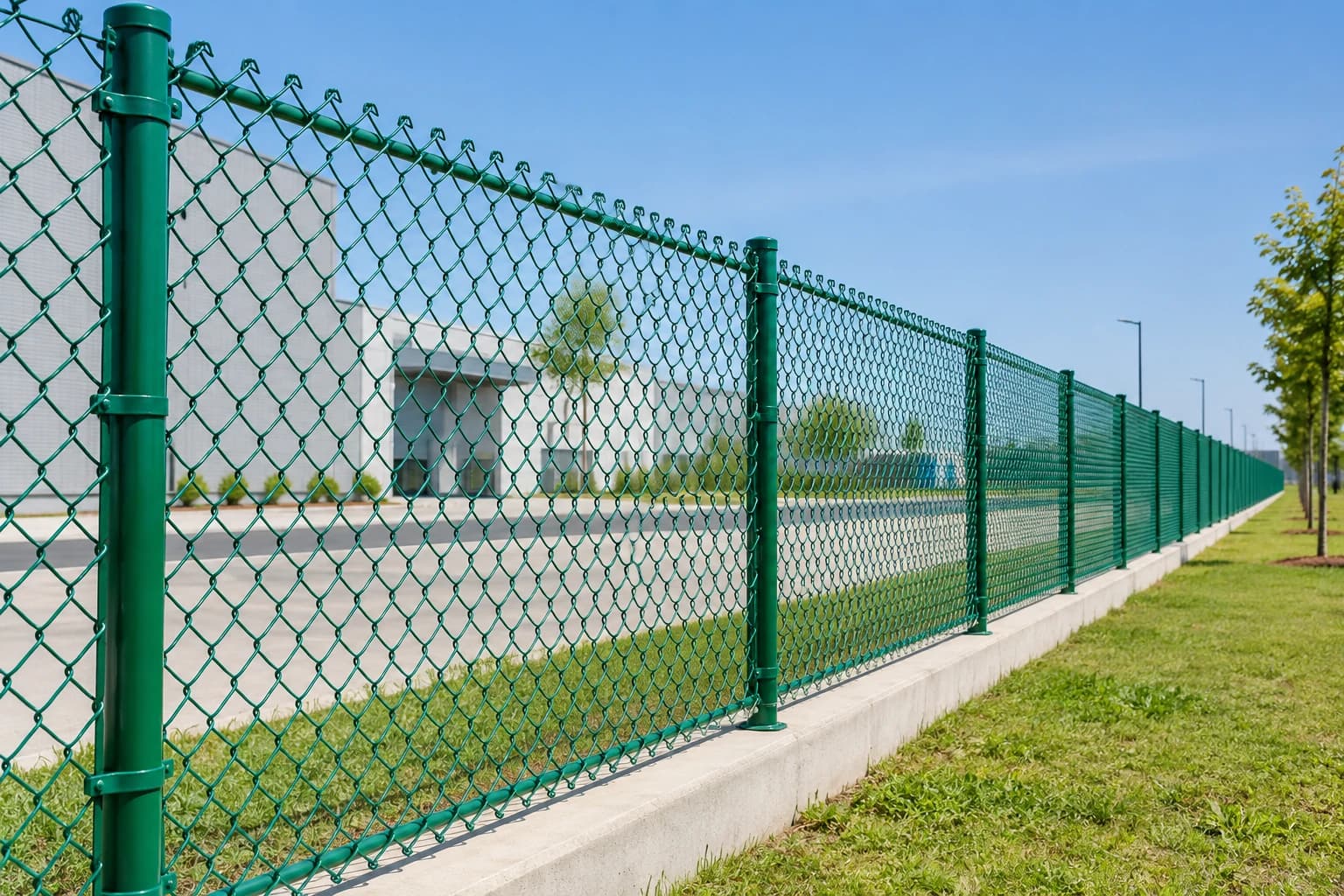 Green PVC coated chain link fence perimeter