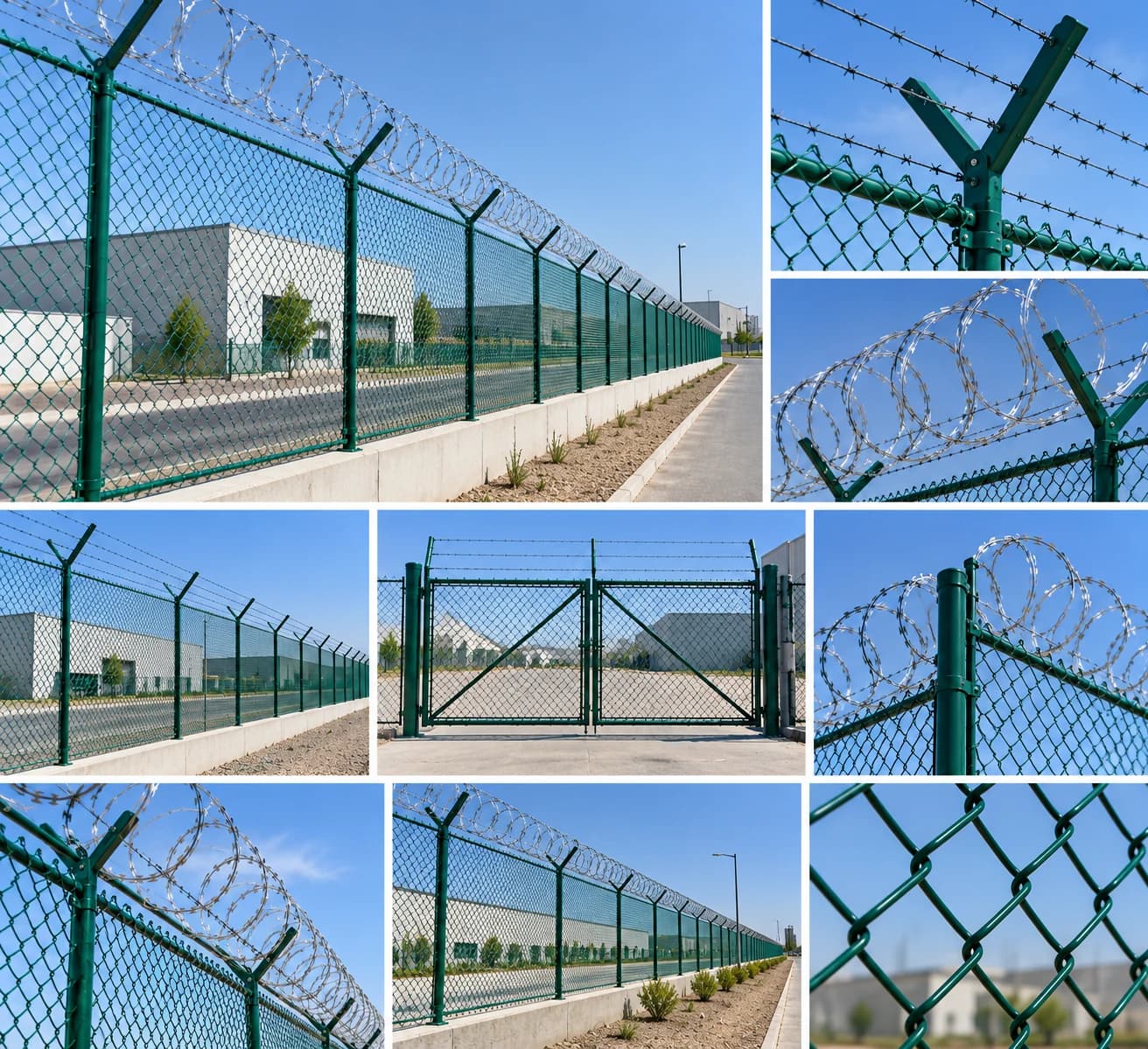PVC coated chain link fence with barbed wire security topping